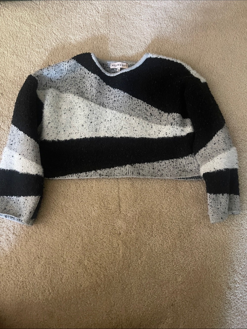 Striped Black & Light Gray Cropped Crewneck Sweater